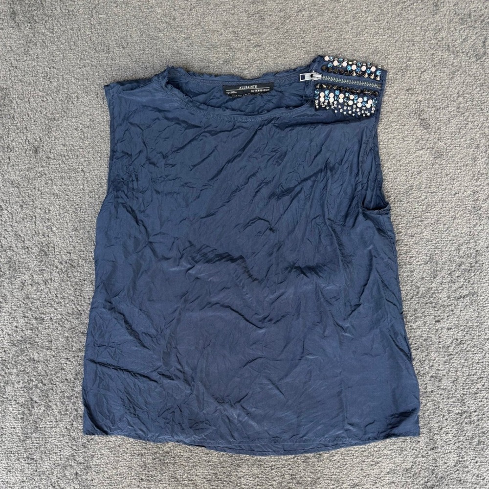 AllSaints Pascale Vest Navy Blue 100% Silk Hand Embellished Studded Top US 4